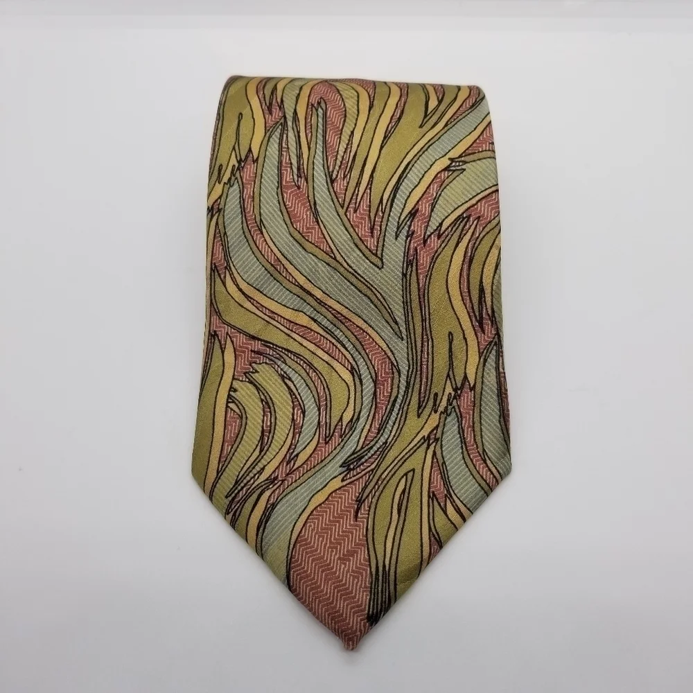 Jhane Barnes silk tie red zig zag with green yellow blue pattern